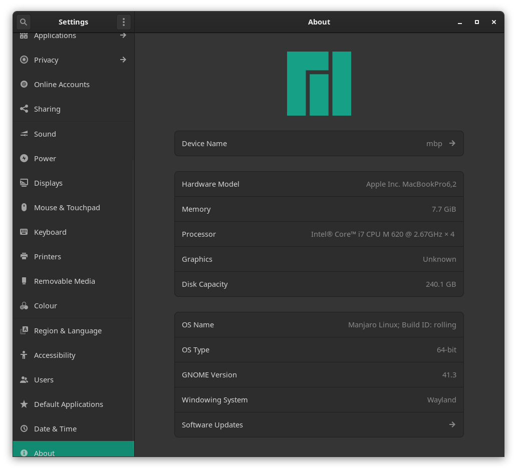 About dialog in Gnome on Manjaro